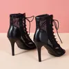 Sandaler Sandaler ihåliga nät klackar kvinnors skor Summertrend Black Laceup Sexig Peep Toe Boots Stilettos Jazz Dance Female Shoes 230413