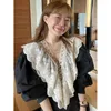 Women's Blouses Black Lace V-Neck Beaded Bubble Sleeve Shirt For Women Autumn Versatile Reduced Age Doll Long Female Sweet