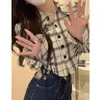 Kvinnors blusar Deeptown Plaid Shirt Vintage Harajuku Crop Chic Woman Blus Japanese Asymmetrical Long Sleeve Tops Korean Fashion Retro