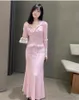 Nuevo Vestido largo de manga corta de punto ajustado con cuello tipo POLO rosa, vestido Yuan