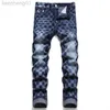 Men's Jeans Autumn 2022 New Vintage Blue Plaid Print Jeans Mid-Waist Slim Stretch Fashion Hip Hop Trousers Casual Men Pencil Pants W0413