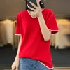 Women's T-Shirt Summer 100% Cotton Short-Sleeved T-Shirt Women's Knitted Sweater V-Neck Contrast Loose Size 40-100kg Versatile Top 230413