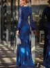 2024 Elegant Royal Blue Mother Of The Bride Dress O-neck Long Sleeves Pleat Slit Mermaid Chiffon Women Outfit Wedding Guest Party Gowns Custom Made