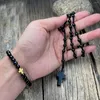 Conjunto de collar y pendientes de 6 mm de ágata negra natural, collares de rosario católico de Cristo, conjuntos de pulseras, colgante de cruz, nudo hecho a mano para mujeres y hombres