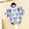 Women's T-Shirt Summer Loose Love Jacquard Beaded Short Sleeve Knitted T-shirts Women Design All-match Pink Blue Tops 230413