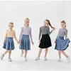 Familie Matching Outfits Kinderen Girl Spring Summer Strechy Striped Half Zipper T -shirt met informele rokken Mom Dochter Sporty Family Matching Clothing 230412