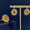 Anéis de cluster Vintage Brincos Anel Brilhante Diamante Suspensão Openwork Oval Grinalda de Calcedônia Natural Gemstone Mulheres Fine Jewelry