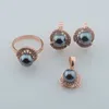 Necklace Earrings Set FJ Women 585 Rose Gold Color Black Simulated Pearl Pendant Rings Jewelry