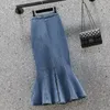 Röcke Rimocy Hohe Taille Meerjungfrau Denim Rock Frauen Sommer Trompete Split Lange Frau Koreanische Stil Hip-wrap Flare Mitte 230413