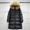 Large Real Raccoon Fur Hooded Shiny Waterproof Long Puffer Jacket Women's Winter Thick Duck Down Coat Female Parkas Belt