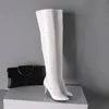 드레스 신발 허벅지 하이 부츠 여성 레드 흰색 검은 패션 무릎 부츠에 특허 섹시한 나이트 클럽 댄스 레이디스 긴 신발 큰 크기 48 231113