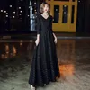 Wine Red Lace Long Evening Dresses V-Neck A-Line 3/4 Sleeve Sexy Elegant Women Evening Gowns Robe De Soiree