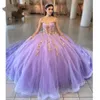 Quinceanera klänningar prinsessa lila illusion älskling guld applikationer bollklänning med tyll plus size sweet 16 debutante party födelsedag vestidos de 15 anos 95