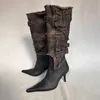 Kleidschuhe 2023 Vintage spitze Gürtelschnalle Western Cowboystiefel Damenmode Metallkette abnehmbare zwei tragende Werkzeugstiefel 35 39 231113