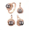 Necklace Earrings Set FJ Women 585 Rose Gold Color Black Simulated Pearl Pendant Rings Jewelry