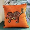 Kudde DunxDeco Home Cojines Luxury Orange Velvet Retro Tiger Patchwork Brodery Cover 18x18inch Case Soffa Bed Coussin