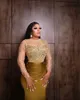 Sexy Arabic Evening Wear Gold Illusion Jewel Neck Long Sleeves Crystal Beads Mermaid Plus Size Celebrity Dresses Party Gowns