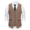 Men's Vests European Vest Herringbone Pattern Single Breasted Three-dimensional Pocket V-neck Casual Suit-vest Commuting Work Waiscoat