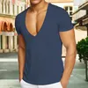 Heren t shirts heren t-shirt vaste kleur diep v nek zomer slanke fit pullover zweet absorptie sport top zachte middelste lengte