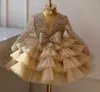 Girl's Dresses Luxury Flower Girl Dress Scoop Neck Puff Girls Party Dresses for Wedding Short Sleeves Tulle Kids Christmas Ceremonial Dress 231110