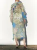 Casual Dresses Spring Women Laminated Decorative Print Dress V Neck Long Sleeve Female Summer Fashion Elegant Midi Dresses 230413