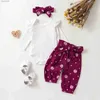 Set di abbigliamento Cute Spring New Baby Girls Outfit Infantile manica lunga con pantaloni con cintura stampa floreale e set di abbigliamento con fascia
