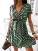 Casual Dresses Womens Summer Fashion Mini Dress Short Sleeve V-Neck Ladies Polka Dot Drees Split Vestidos för Femela Boho Beach Holiday Dress230413