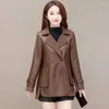 Femmes en cuir automne hiver veste courte femmes costume ample col manteau couleur Pure épaissir vêtements d'extérieur mode poche pardessus femme