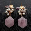 Boucles d'oreilles YYGEM 5-6mm perle blanche de culture 20mm Quartz Rose forme hexagonale balancent bijoux en pierres précieuses