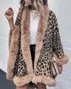 Damesgebreid damesvest Mode Cheetah Print Lange mouwen Fuzzy getrimde Cape Asymmetrische jas