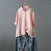 Dames blouses zomer tops casual single breasted rapel raapje korte mouw ruches shirt dames top kantoor katoen linnen wit roze ropa mujer