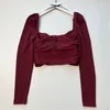 Damesblouses Damesoverhemd Geplooid Stretch Gebreid Bordeauxrood Donkerbruin Cropped top met U-hals