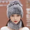 Chapéus cachecóis conjuntos 2023 feminino inverno quente real rex coelho pele chapéu de neve c chapéus para mulheres meninas pele real malha crânios gorros natural fofo hatl231113