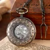 Silver Hollow Mechanical Pocket Watch Men's Luxury Pattern Engraved Clock Roman Numeral Dial Fob Chain Women Relogio Masculino