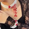 Choker DIEZI Multilayer Red Blood Imitation Pearl Pendant Chokers Necklace Women Vintage Goth Crystal Bead Tassel Halloween Jewelry