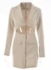 Casual Dresses Mozision Autumn Long Sleeve Blazer Dress for Women Khaki Notched Collar Hollow Out Button Bodycon Party Mini