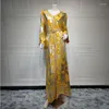 Casual Dresses Muslim Party Long Dress Kaftan Gold Print Lined Chiffon Abaya Women Braid Trimmings Moroccan Caftan Arab Dubai Ramadan