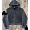 Anpassad fleece 100% bomullsblomma sliphål Holes syra tvätt sol bleknar orolig full zip up hoodies pälsbo med päls krage