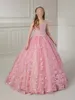 Rose Pink Girl Pageant Dress 2024 Floral Applique Glitter Tulle Little Kid Birthday Formal Cocktail Party Gown Infant Toddler Teens Tiny Junior Miss Mini Quince