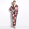 Luxury Fashion Elegant Print Pajama Set Women Designer Long Sleeve V-Neck Bow Lace Up Tops and Wide Leg Pants 2 piece Sets 2023 Spring Autumn Runway Vacation Suits