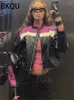 Cuir de femme BKQU 2023 Streetwear Vestes de contraste pour femmes Moto PU Manteaux Y2K Fée Manches longues Zip Up Col montant Vêtements d'extérieur