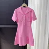 Casual Dresses Polo Neck Knitted Lace Pink Dress Summer Slim Waist Thin Fashion Mini Skirt Female 230413