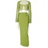 Gonne Abiti da donna europei e americani Primavera Estate T-shirt a maniche lunghe in pizzo verde Cardigan Hollow K Skirt Suit