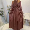 Ethnic Clothing Eid Wrap Front Satin Dress Muslim Women V Neck Long Shirt Sleeve Maxi With Pockets Summer Solid Color Turkey Modesty