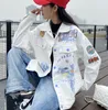 Women's Jackets Colorful Printing Lapel White Denim Jacket For Women Autumn Loose Ladies Long Sleeve Graffiti Cropped Jean