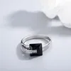 Cluster Rings Cool Pure 925 Silver Women's Ring Inlaid With A Row Of Zircon And Square Black Gem Stone Simple Elegant Style For Dinner Party