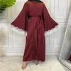 Etnik Giysiler Saten Hisset Hissedilir Moda Açık Abaya Kimono Kadınlar İçin Yaz Dantel Kesme Kravat Bel Karkan Müslüman İslami Dubai Türkiye Giysileri