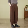 Pantalon femme rétro rayure polyvalent matelassé décontracté coton lin épaissi chaud littérature grande taille couleur unie Trosures Z3570