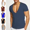 Heren t shirts heren t-shirt vaste kleur diep v nek zomer slanke fit pullover zweet absorptie sport top zachte middelste lengte