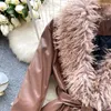 Women's Leather Winter Vintage Faux Lamb Wool Fur Collar Patchwork PU Jacket Belt Coffee Color Black Women Slim Biker Streetwear